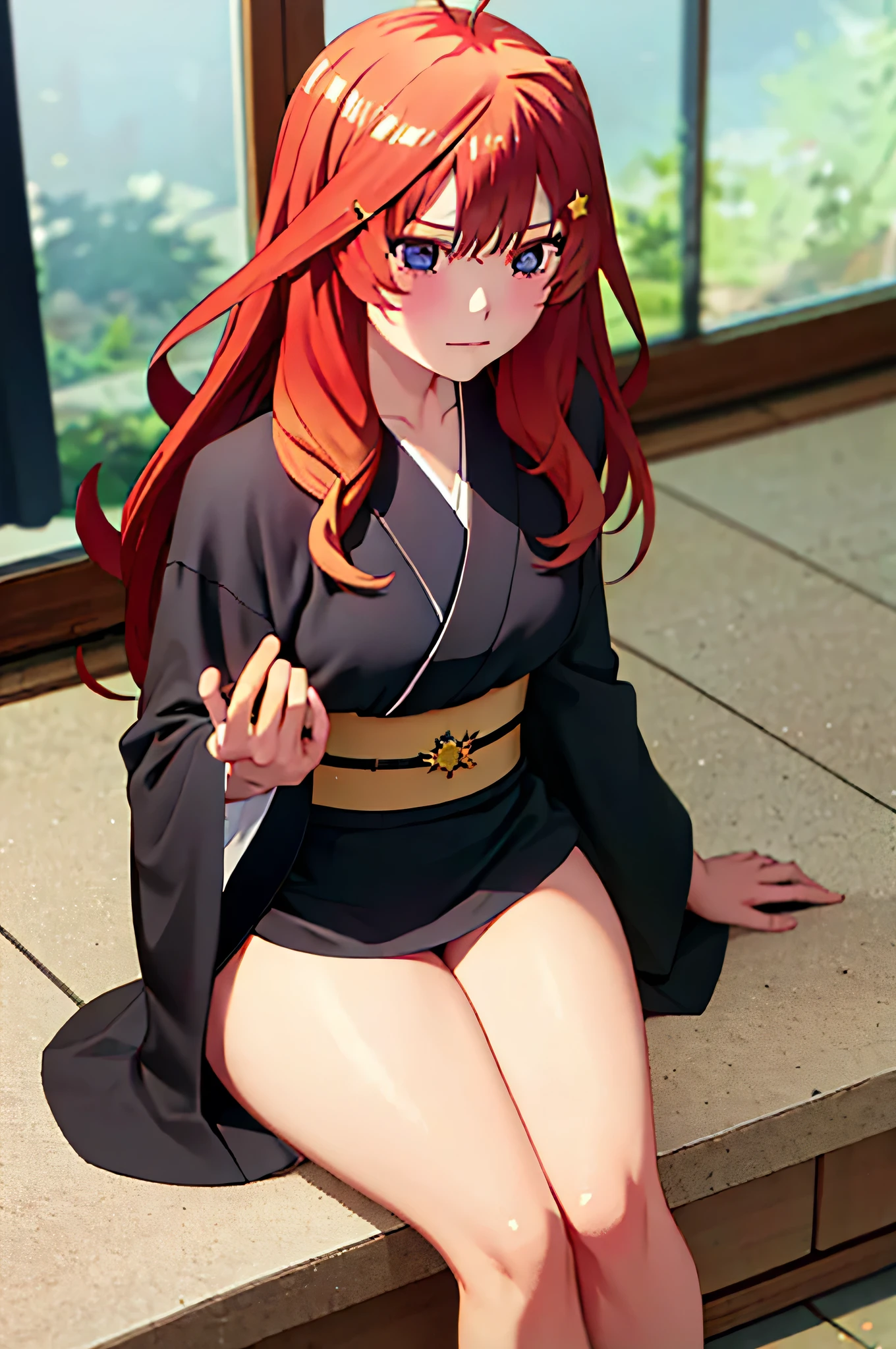 (Masterpiece, Best Quality:1.2), solo, 1girl, Itsuki ,unamused, closed mouth, looking a viewer, hand on our face, sitting, Short black kimono ,big thighs,crossed legs