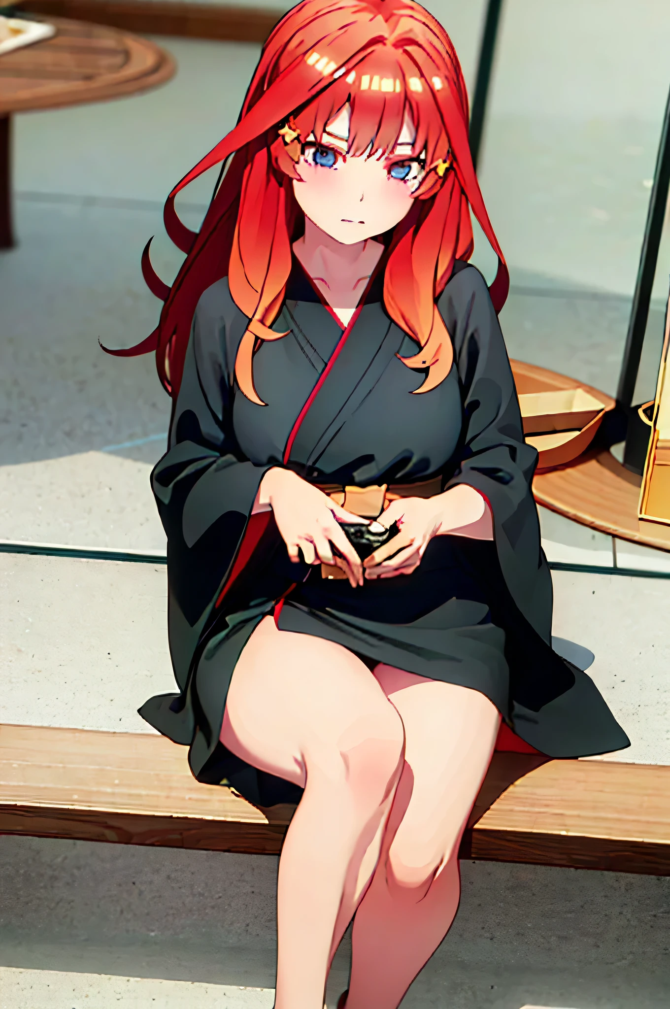 (Masterpiece, Best Quality:1.2), solo, 1girl, Itsuki ,unamused, closed mouth, looking a viewer, hand on our face, sitting, Short black kimono ,big thighs,crossed legs