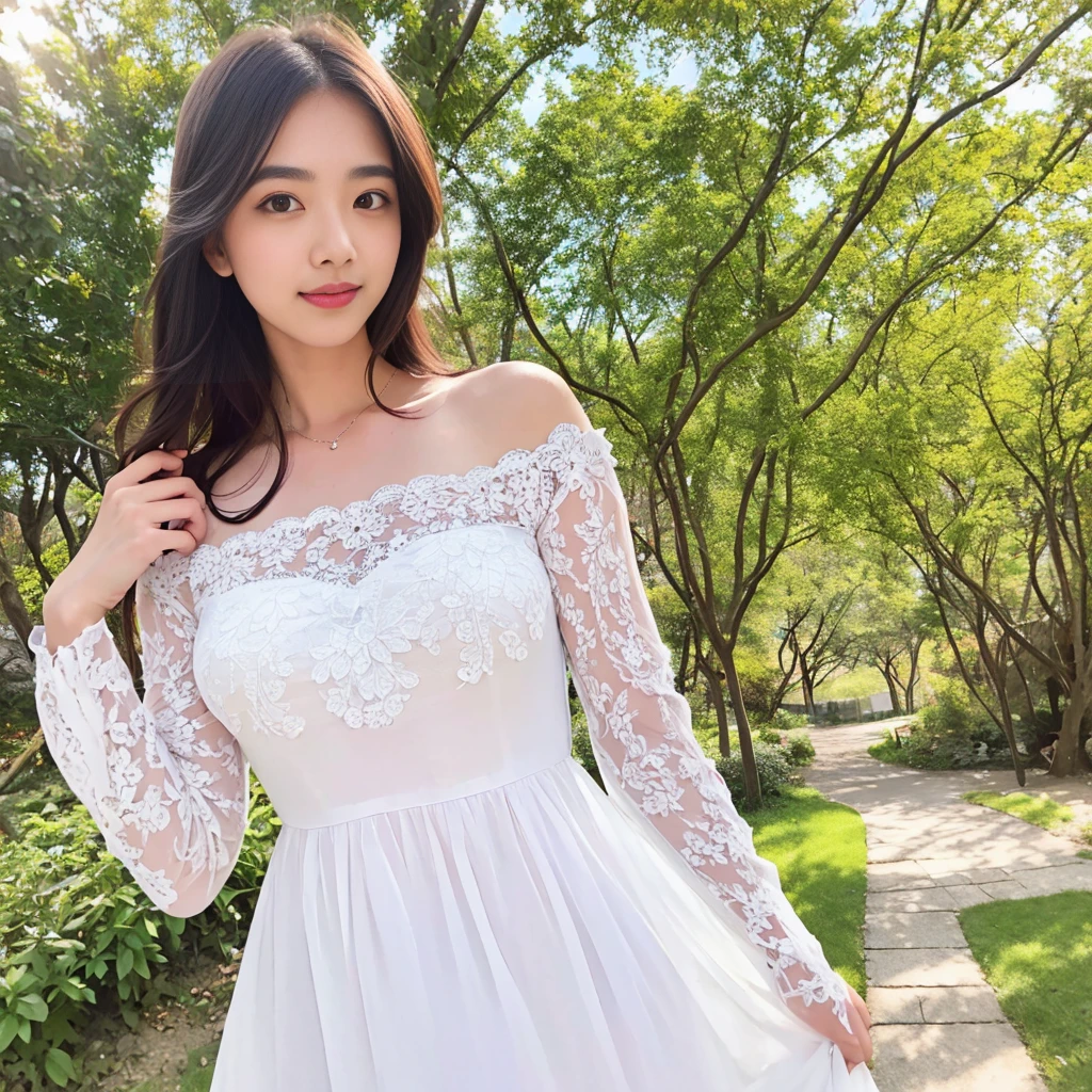 A woman in a white lace dress, delicate lace details, long flowing sleeves, standing in a garden with blooming flowers, sunlight filtering through the trees, serene and ethereal atmosphere, beautiful detailed eyes, beautiful detailed lips, extremely detailed face, long eyelashes, soft glowing skin, elegant pose, (best quality,8k,highres,masterpiece:1.2),ultra-detailed,(realistic,photorealistic,photo-realistic:1.37),intricate embroidery,natural lighting,vibrant colors,serene landscape,fine art portrait