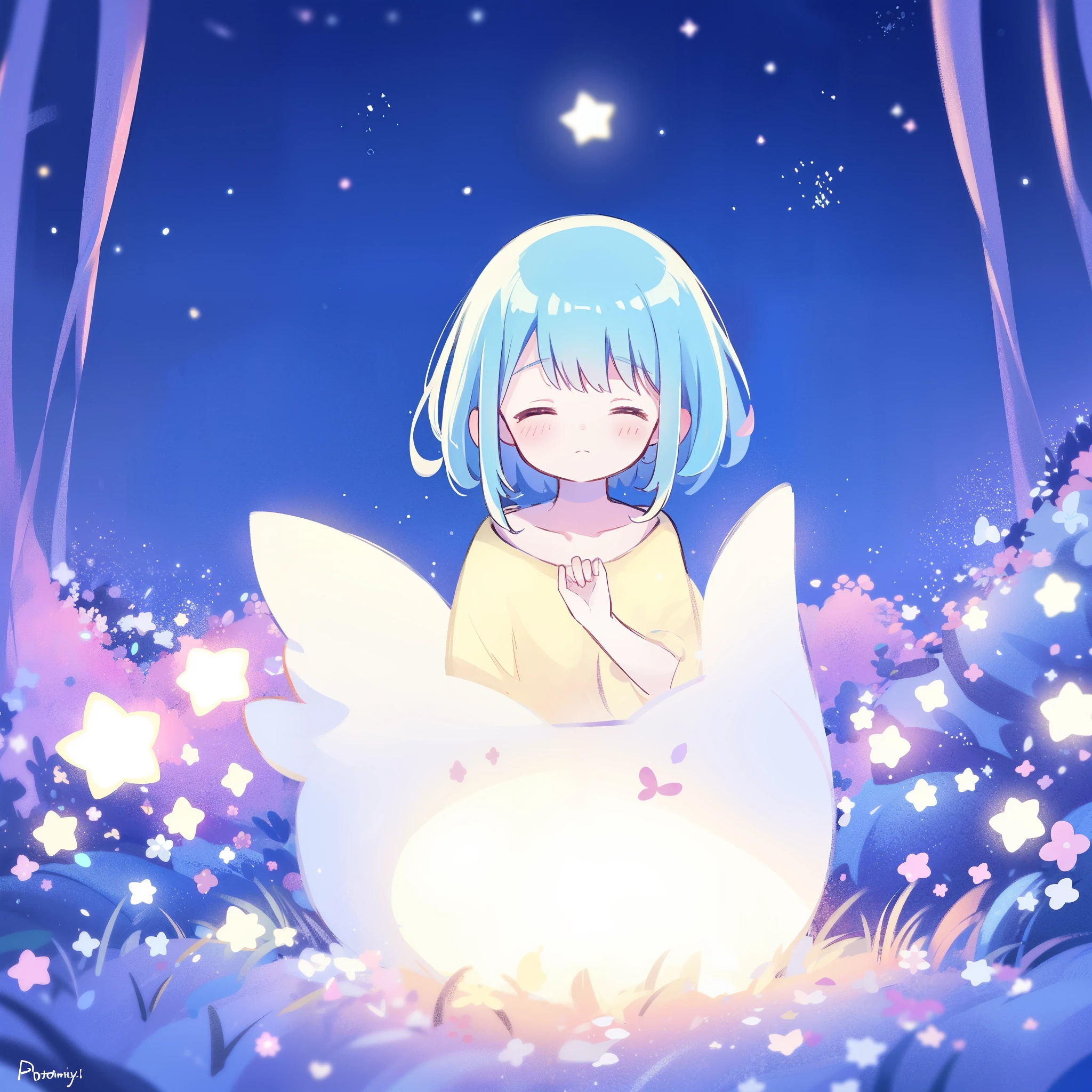 complex background, wishing star background, gradient colorful blue mint hair, a woman wearing an ethereal mystical pink translucent dress that reflects the stars, dreamy, peaceful, serene composition, glowing stars, glowing, complex drawing, highly detailed, ethereal, starry night, midjourney style