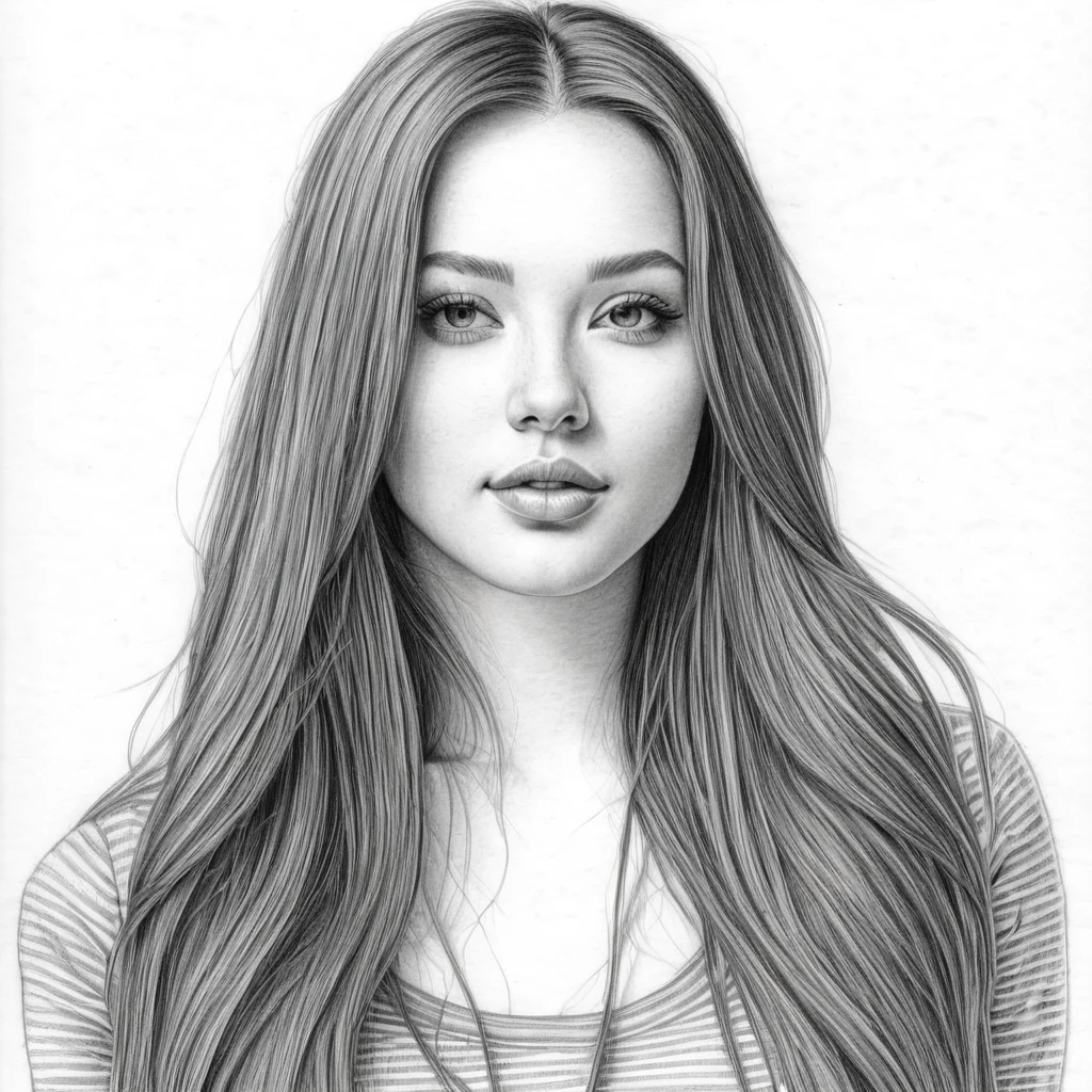 pencil sketch, woman with long hair, hyperdetailed