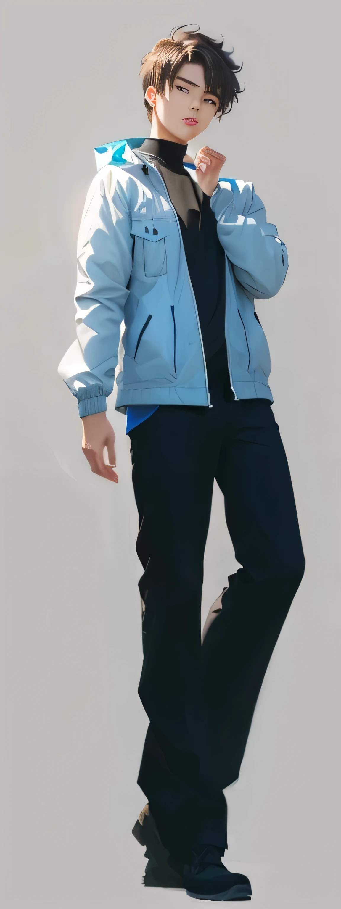 anime guy in a blue jacket and black pants, unrealistic character concept, character full body portrait, full body character portrait, single character full body, full body illustration, full body character, full body single character, anime full body illustration, full-body character portrait, full body portrait, full body portrait of a short!, fullbody portrait, full body details,Rich in details,Masterpiece,Clean shaping,
