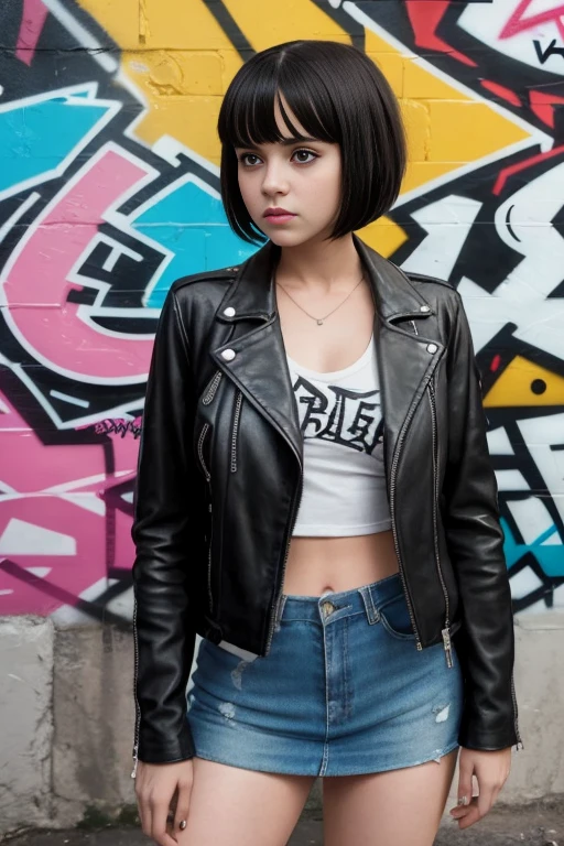 A modern interpretation of "Lolita" the movie, featuring a rebellious and confident teenage girl with a short bob haircut and a leather jacket, standing in front of a graffiti-covered wall.