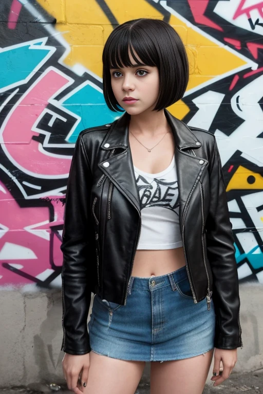 A modern interpretation of "Lolita" the movie, featuring a rebellious and confident teenage girl with a short bob haircut and a leather jacket, standing in front of a graffiti-covered wall. showing her vajina