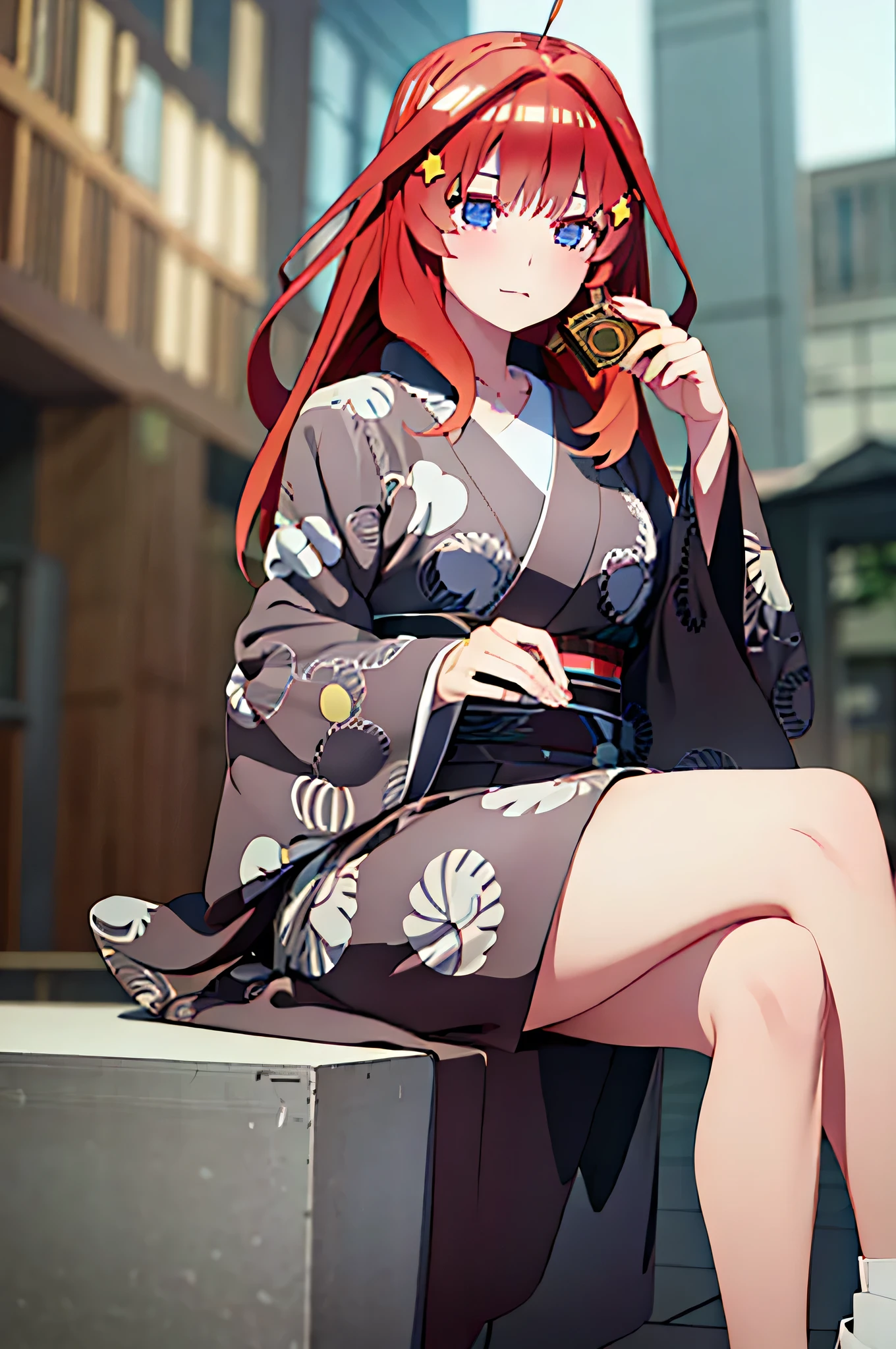 (Masterpiece, Best Quality:1.2), solo, 1girl, Itsuki ,unamused, closed mouth, looking a viewer, hand on our face, sitting, Short black kimono ,big thighs,crossing legs
