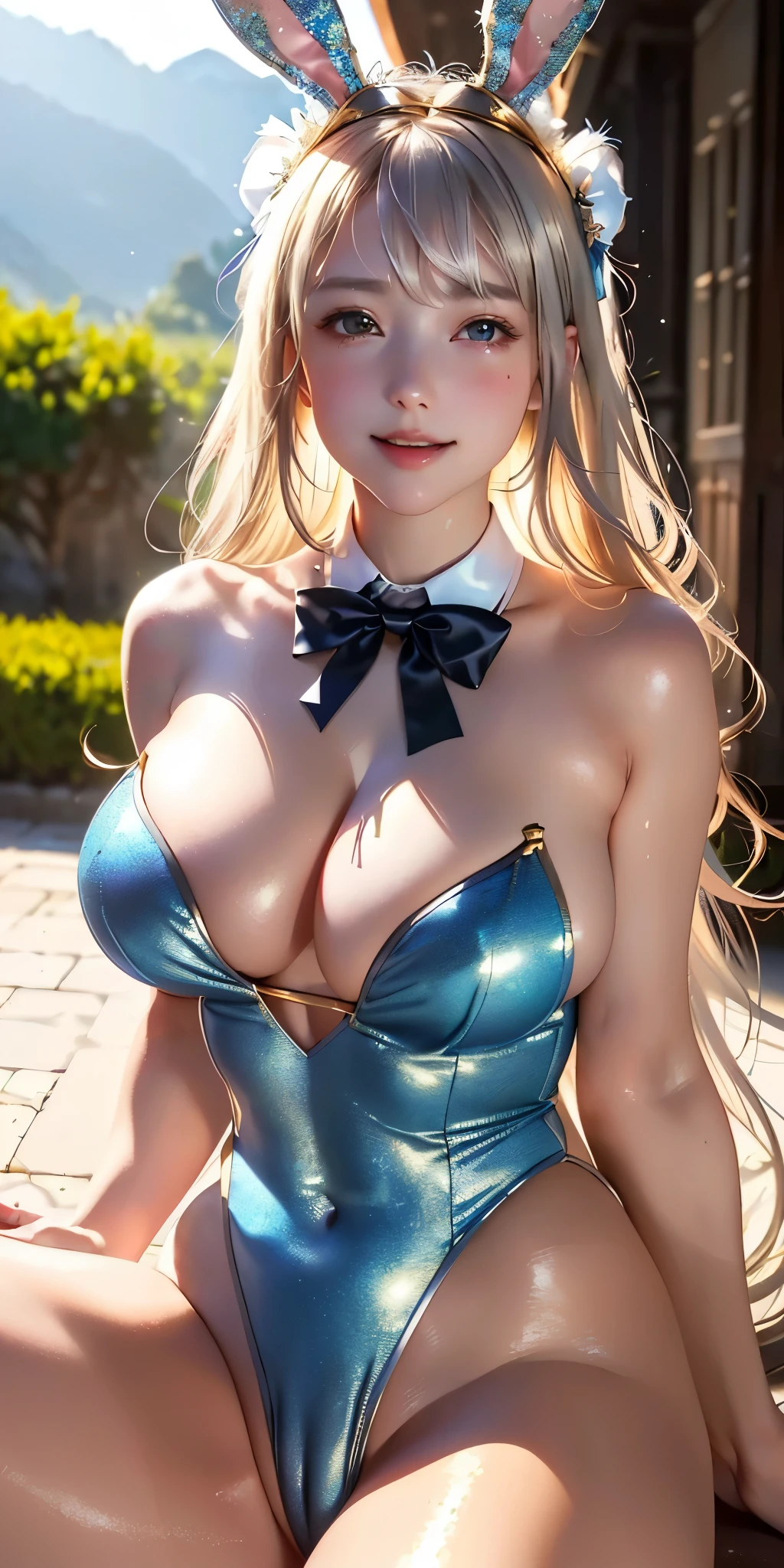 masterpiece, best quality, extremely detailed CG unity 8k wallpaper,((Upper Body)) ,((Upper Body head close-up shot of a beautiful  girl)), , Elegant Long straight blonde hair, (Mckenna Grace), ((gigantic breasts,thighs,Black Skin,)), (Silver-blue) golden (Glittering tutu,long Bunny Ear Headgear, , Bow-tie, No panties, genitals visible), ((spread legs)),(), (Blush), oil skin, (seductive smile), (Wonderland), pretty face, key art, award winning, intricate detail realism hdr, by (ruan jia and artgerm and range murata), Photorealism, Hyperrealism, ultra realistic, dramatic light, intense shadows, gorgeous view, depth of field
 
