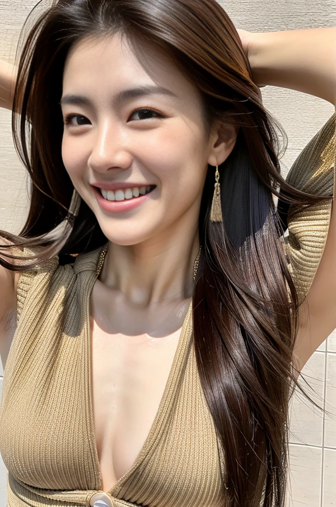 16k Ultra HD,Top quality,Extreme picture details,real picture,Textured Skin,Shandong beauty model,Highlights extremely exaggerated feminine muscular body features,Very tall and straight,elongated face,Longer chin,Bigger jaw,,,Messy hair,,whole body,,Sexy belly,Smile,