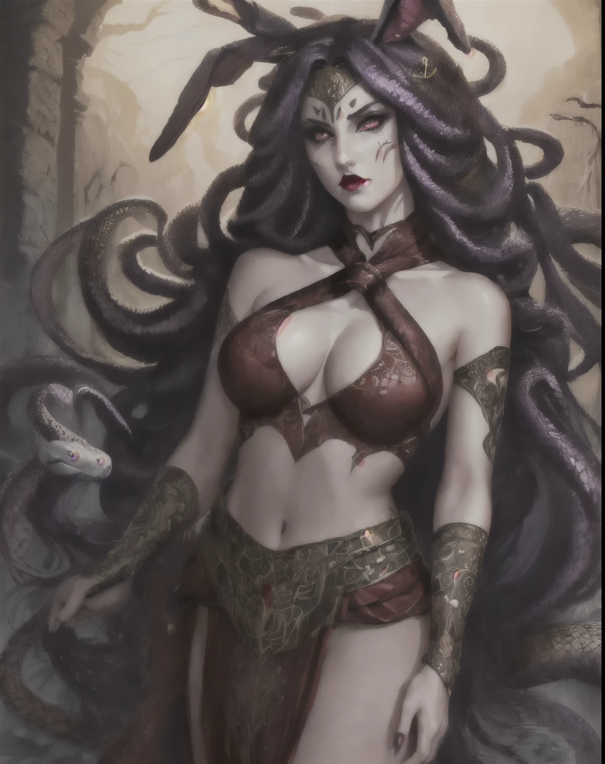 gorgon, gray skin, nsfw, snake eyes, angry face, gothic makeup, tribal markings, (masterpiece), best quality, highres, 4k, 8k, Detailed Illustration, intricate detail, cinematic lighting, amazing quality, amazing shading, soft lighting, upper body, midriff, breasts, torso, scales, snake hair, snakes, fangs, animal_ears, long_hair, rabbit_ears, red_eyes, purple_hair, necktie, red_necktie, bangs, blush, very_long_hair, breasts, hair_between_eyes,