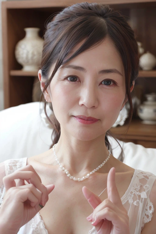 elegant mature 55 year old japanese woman, lady, extremely detailed face, beautiful detailed lips, extremely detailed face, long eyelashes, extremely detailed female body, lingerie, cleavage, low ponytail, small breasts, censored, restrained, hands raised, hands tied with rope, ((pearl necklace))