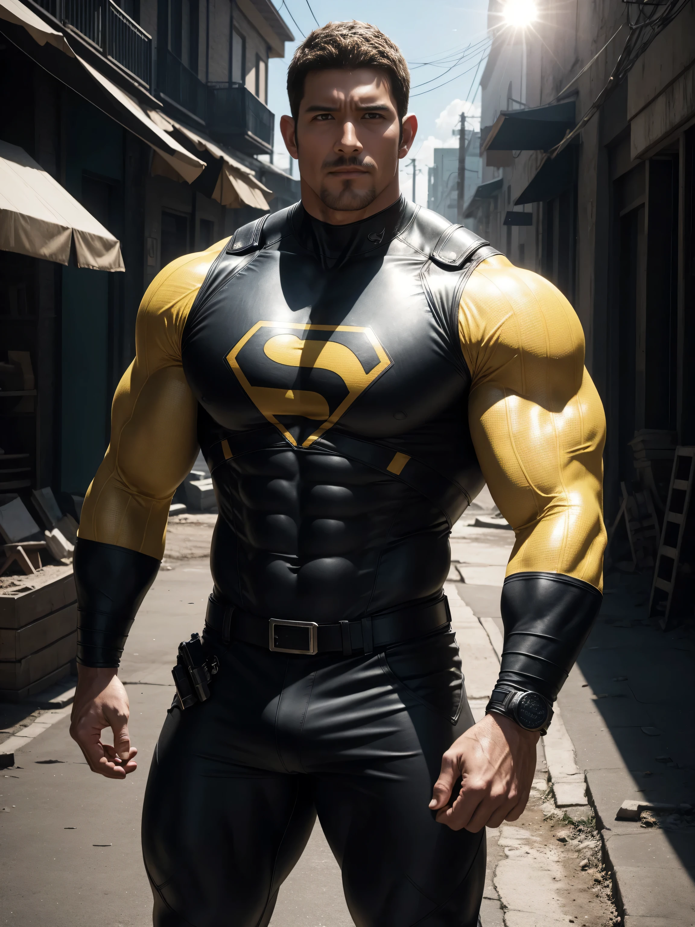 Angry super muscular man,  Buzz Cut，On the old-style outdoor street under the hot sun, Wear a long-sleeved Dark Yellow superhero bodysuit, Mud wrapped body，Clothes are very dirty with mud stains，The expression is arrogant, Thick thighs, Messy hair, Thick thighs, High collar, long sleeves, Dark Yellow superhero bodysuit, very tight, Regular symmetrical pattern, Highlight muscles, Police uniform pants, character concept（Resident Evil - Chris Redfield, Chris Redfield）A proud expression, Deep and charming eyes, Heroic male pose, tall Burly, muscular！muscular thighs, tough guy, perfect facial features, High, Burly, Heqiang, Super polished and cool, High Resolution Committee, Charismatic, The sun is blazing, dazzling