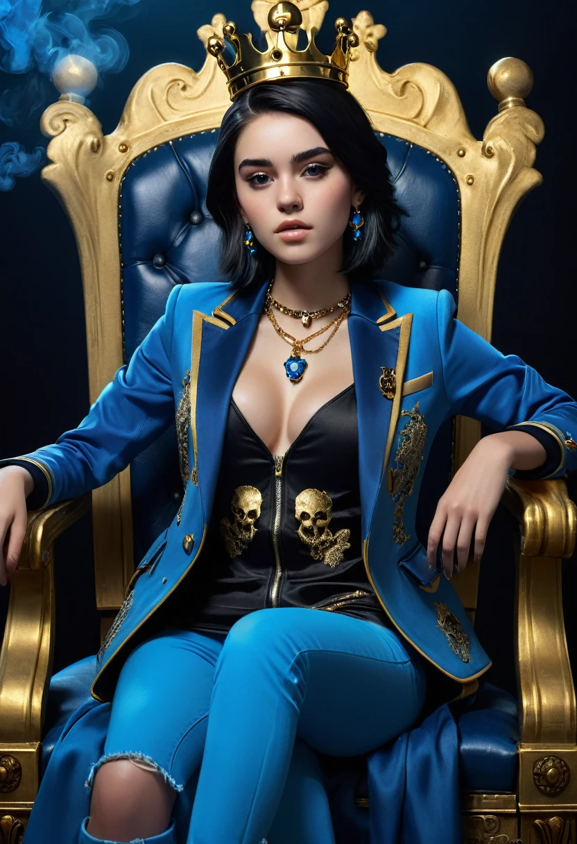 real character, a beautiful girl, , beautiful breasts, Medium breasts, smooth black hair, wearing a blue and black jacket, wearing a small gold skull necklace and skull earrings, glowing, dark background with blue smoke The girl is sitting on the king's blue throne chair, holding a large black box, Hyperrealistic, masterpiece, vibrant colors, stunning visuals, ultra skin texture, stable diffusion, perfect anatomy, crazy details, realistic lighting