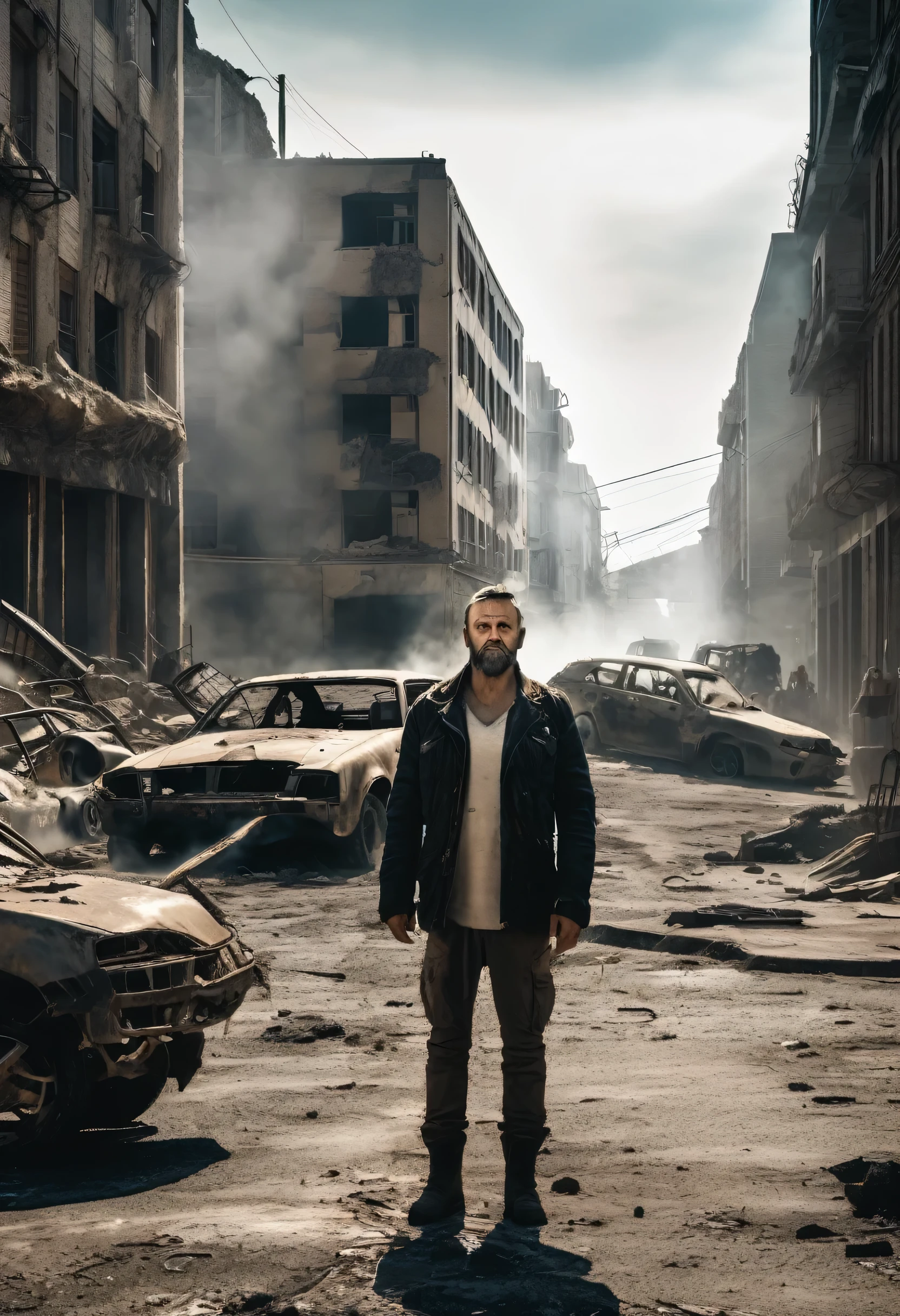 street view. Post apocalyptic city. Burned out buildings and destroyed vehicles. Rubble strewn unpaved street. Full body shot of wretched man in the right of the frame.