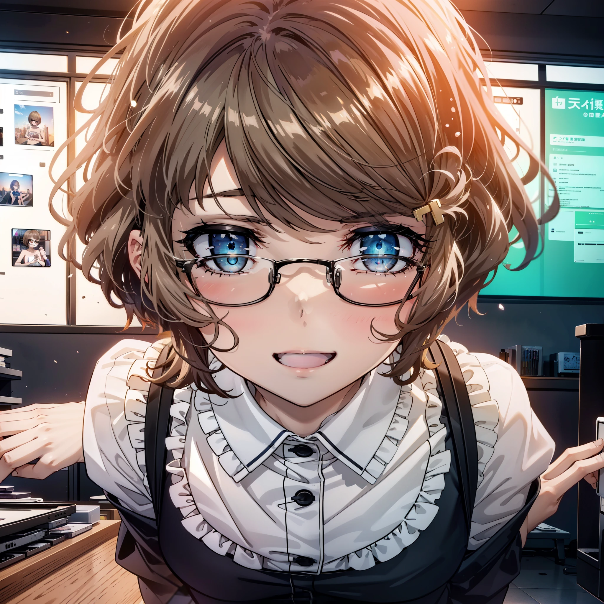 tomoekoga, Chie Koga, short hair, Brown Hair, blue eyes, Hair Clip,Sleeveless dress,skinny pants,Stiletto heels,Black-rimmed glasses,happy smile, smile, Open your mouth,walking,whole bodyがイラストに入るように,Daytime,Clear skies,There is a computer on the table,
break indoors, office,
break looking at viewer, whole body,
break (masterpiece:1.2), highest quality, High resolution, unity 8k wallpaper, (figure:0.8), (Beautiful fine details:1.6), Highly detailed face, Perfect lighting, Highly detailed CG, (Perfect hands, Perfect Anatomy),