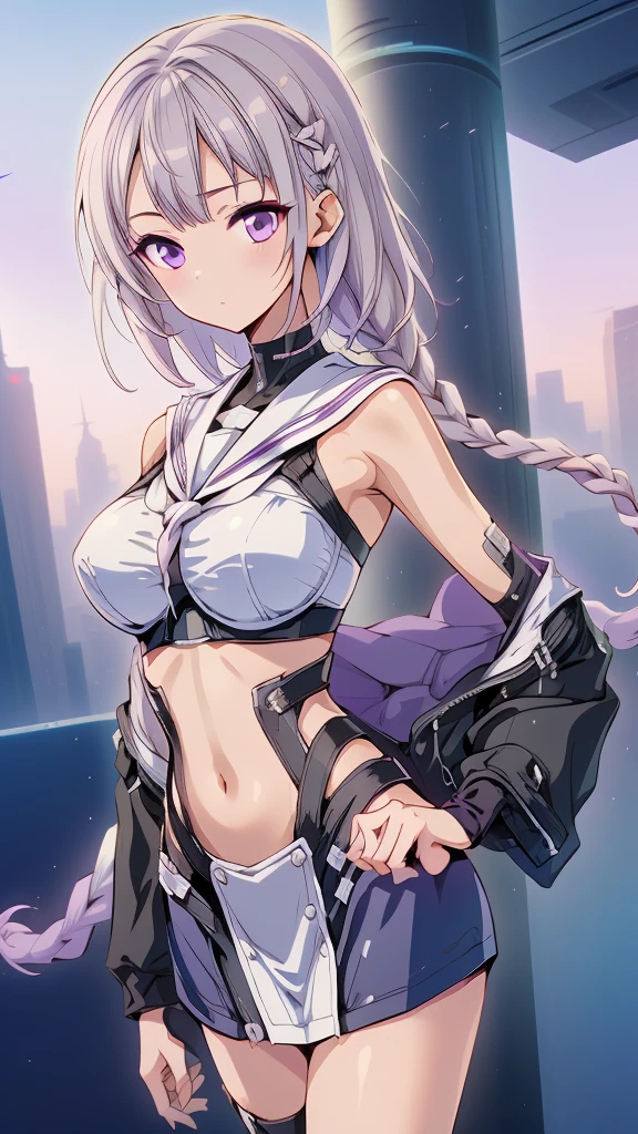 cryptic girl
、(masterpiece, highest quality), Manga Page, Doujinshi, Download contents, anime, Branch Panel, (From right to left, Top to bottom), detailed, comics, boy,heart、like、1boy, (others boys, Various random faces, Various random hairs), (1boy, boy, Short white hair, Cyberpunk , detailedが満載)、1girl,The girl has milky white hair on top, with purple gradation towards the ends.、Braided with two knots、cyberpunk sailor suit、 A 17-year-old high school student meets a boy and girl, The girl's characteristic is yinji,1girl,solo, purple eyes, long hair, twin braids, purple hair, multicolored hair, elbow gloves, bangs, very long hair,bare shoulders, black skirt, grey hair, dress, smile, side cutout,covered navel, side cutout,