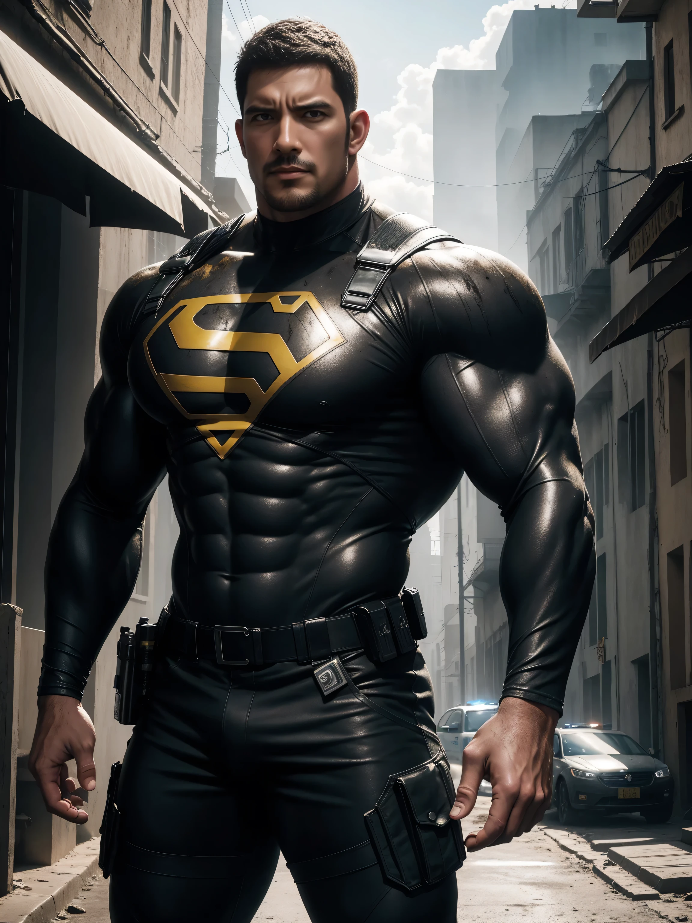 Angry super muscular man,  Buzz Cut，On the old-style outdoor street under the hot sun, Wear a long-sleeved Dark Yellow superhero bodysuit, Mud wrapped body，Clothes are very dirty with mud stains，The expression is arrogant, Thick thighs, Messy hair, Thick thighs, High collar, long sleeves, Dark Yellow superhero bodysuit, very tight, Regular symmetrical pattern, Highlight muscles, Police uniform pants, character concept（Resident Evil - Chris Redfield, Chris Redfield）A proud expression, Deep and charming eyes, Heroic male pose, tall Burly, muscular！muscular thighs, tough guy, perfect facial features, High, Burly, Heqiang, Super polished and cool, High Resolution Committee, Charismatic, The sun is blazing, dazzling