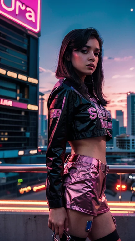 Una chica, estilo synthwave, con un fondo de una Ciudad futurista
