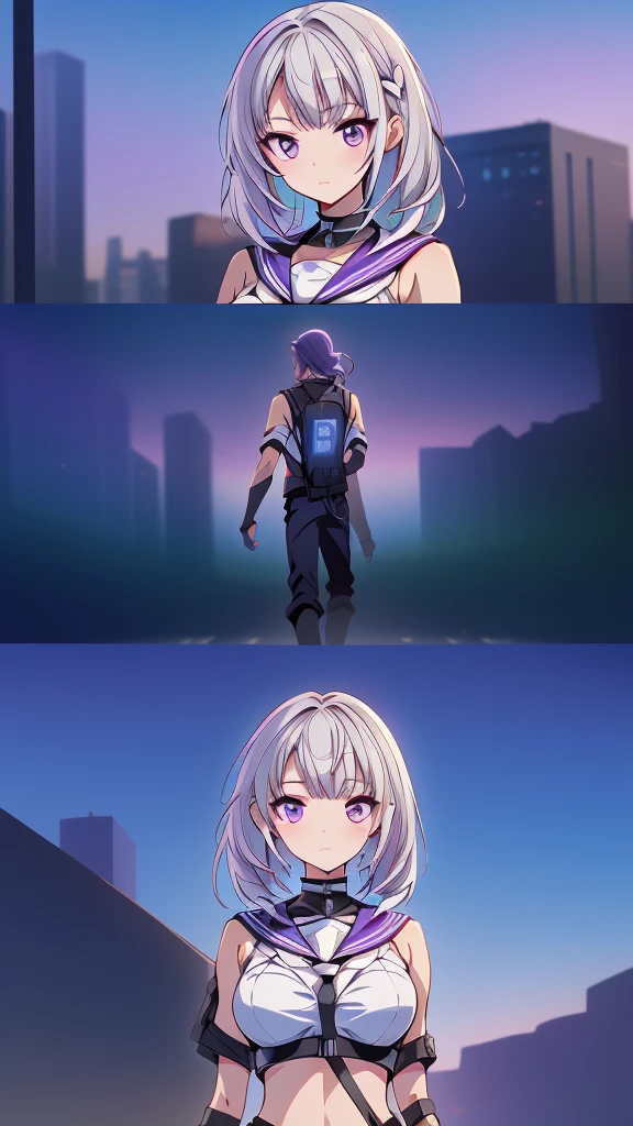 (masterpiece, highest quality), Manga Page, Doujinshi, Download contents, anime, Branch Panel, (From right to left, Top to bottom), detailed, comics, boy,heart、like、1boy, (others boys, Various random faces, Various random hairs), (1boy, boy, Short white hair, Cyberpunk , detailedが満載)、cryptic girl
,The girl has milky white hair on top, with purple gradation towards the ends.、Braided with two knots、cyberpunk sailor suit、 A 17-year-old high school student meets a boy and girl, The girl's characteristic is yinji,1girl,solo, purple eyes, long hair, twin braids, purple hair, multicolored hair, elbow gloves, bangs, very long hair,bare shoulders, black skirt, grey hair, dress, smile, side cutout,covered navel, side cutout,