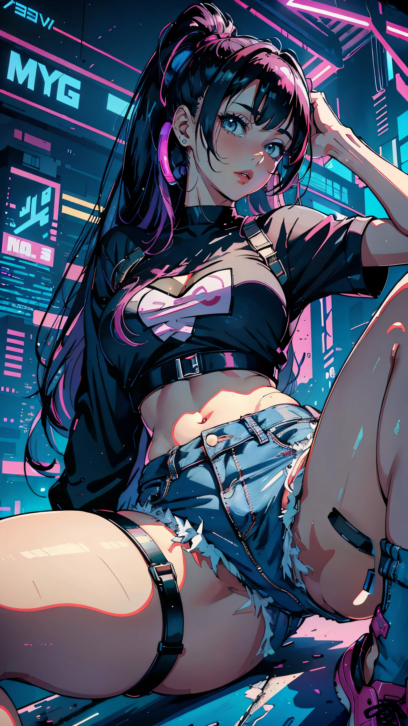 (Hinata Hyuga, Leg spread, Very sensual, In tight clothes, Big Ass, Thick legs, Jean Shorts, Wearing a mini blouse, Navel comes out, Long Hair, Rear speakers, Very realistic, View of the Cyberpunk City, Clearly defined lines, Neon Lights Very Sexy, 8k, 8k Very detailed), (Very delicate and beautiful), (masterpiece), (Better Quality: 1.0), (Ultra-high resolution:1.0), ((Synthwave Background Theme))