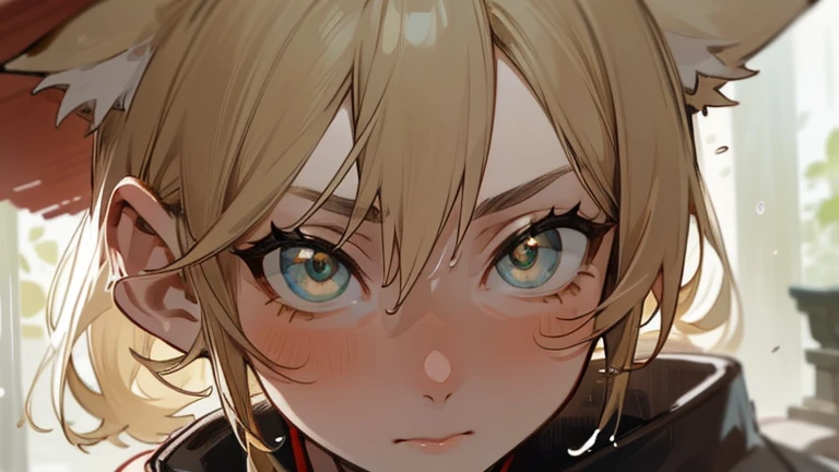 (masterpiece, best quality) detailed,Pretty Face、beautiful eyes ,Fox Ear Beauty,Black and gold shrine maiden kimono ,Silver Hair ,elegant, (Fox ears),Red Eyeshadow, ,Close-up of face,,Rainy Day,Fushimi Inari Taisha Shrine Fantastic mystery wonderland