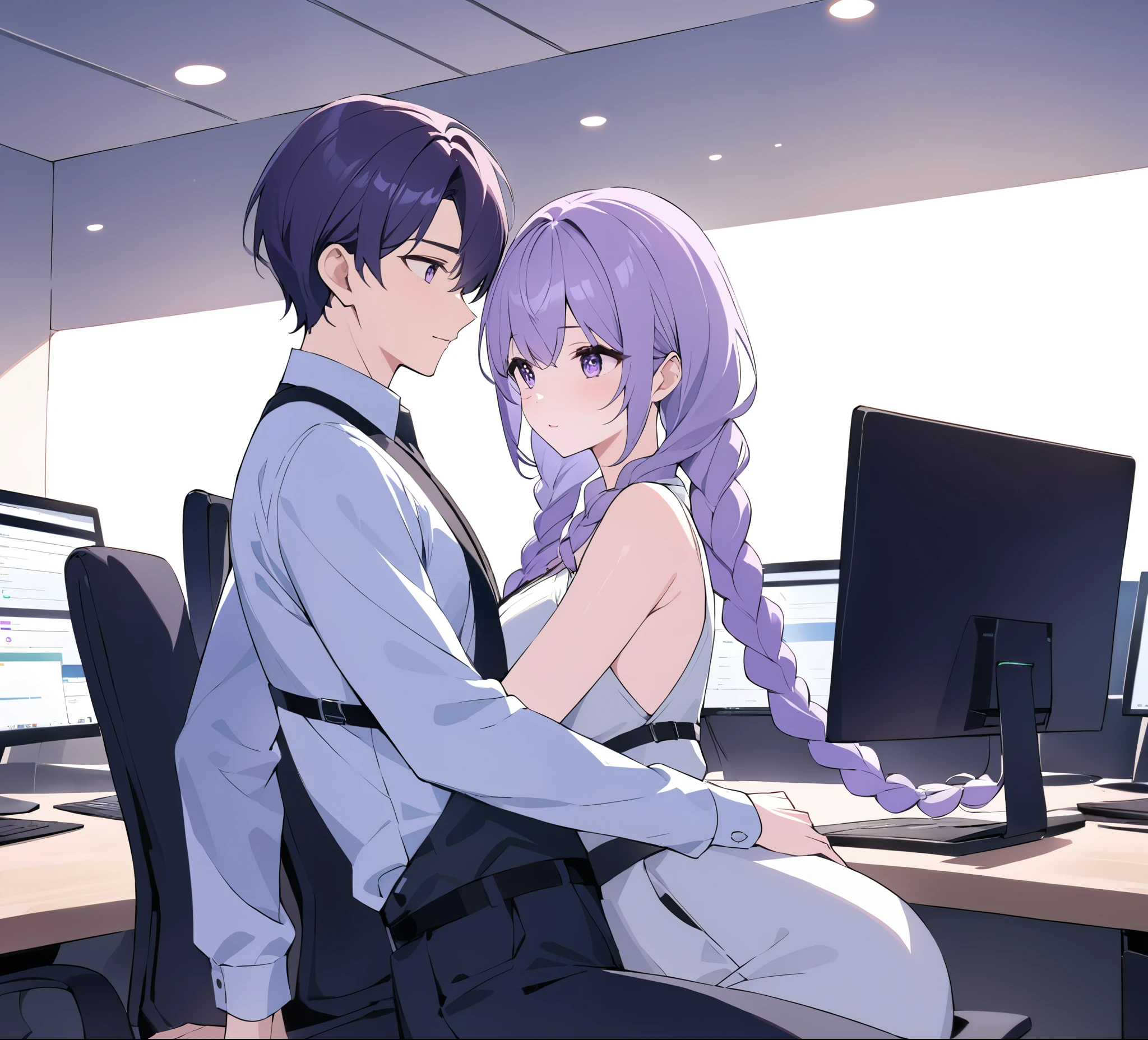 A captivating illustration portraying a blossoming romance between a man and a woman((1 male, 1 woman with purple and white gradient double braids)) in the office. The art form resembles a subtle and sophisticated digital painting, capturing the nuances of their relationship. The scene is set in a modern office space, with sleek desks, computers, and a backdrop of bustling professionals. The man and woman are seated close to each other, engrossed in a heartfelt conversation. Their body language exudes warmth and familiarity, hinting at their connection. Soft, natural lighting fills the room, creating a warm and inviting atmosphere. The overall result is a tender depiction of an office romance, showcasing the delicate balance between work and love in a professional setting.