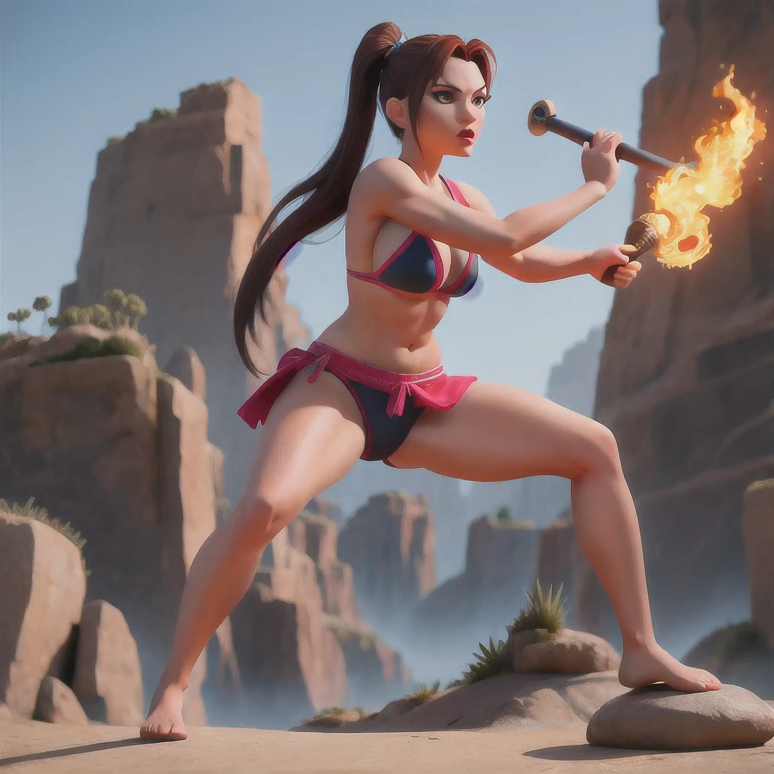 arafed woman in a bikini holding a baseball bat on a rock, muscular warrior women, unreal engine render + a goddess, fighter pose, badass pose, muscular sweat lara croft, fight pose, hot fire giantess, heroic muay thai stance pose, cinematic goddess body shot, akali from league of legends, dramatic powerful pose, fantasy style 8 k octane render(((perhaps))) sky,Degenerator