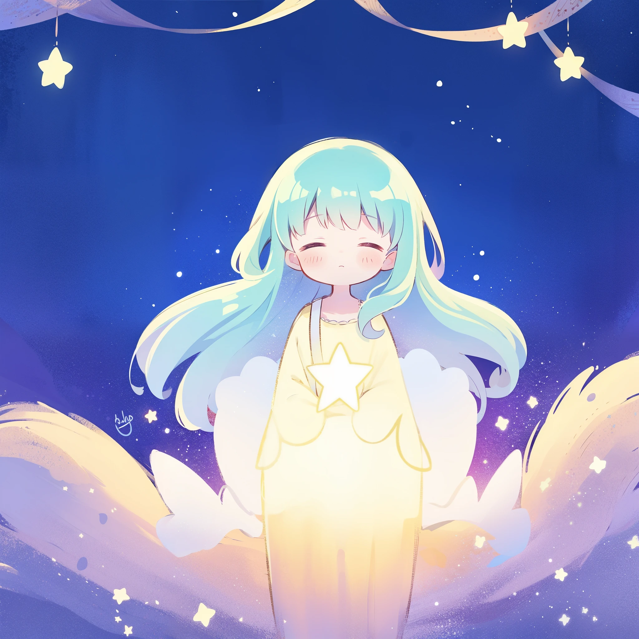 complex background, wishing star background, gradient colorful blue mint hair, a woman wearing an ethereal mystical pink translucent dress that reflects the stars, dreamy, peaceful, serene composition, glowing stars, glowing, complex drawing, highly detailed, ethereal, starry night, midjourney style