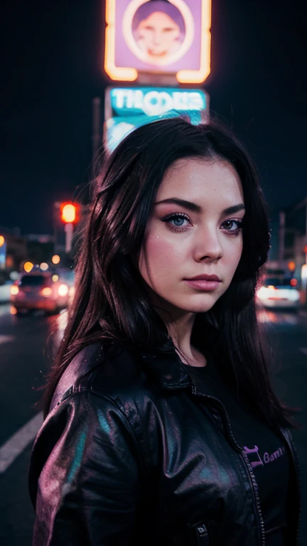 Una chica con el rostro de Amy lee, estilo synthwave, con un fondo de una Ciudad futurista