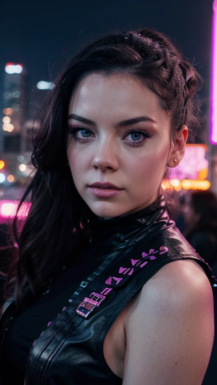 Una chica con el rostro de Amy lee, estilo synthwave, con un fondo de una Ciudad futurista