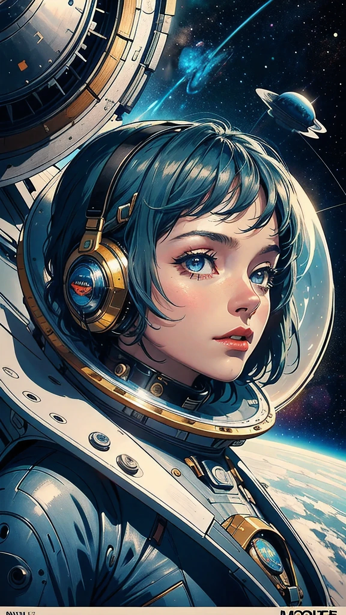 ((masterpiece, highest quality)), 32k wallpaper, very detailed, poster, vintage science fiction, 1960s,(((space thriller cinematic movie poster))), (bauhaus), shape,abstract, mid century modern, movie poster, vintage, Perfect Lady,anime,1970's,halftone,speech bubble,galaxy,(super hero),((portfolio,Close-up)),future,mechanical,