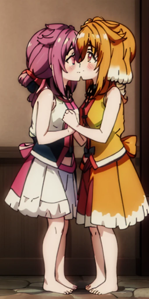Body position: Standing, straight, symmetrical, barefoot, Lustful smile on face with red blush, 2 girls who gets married and stands in front of many people, kissing