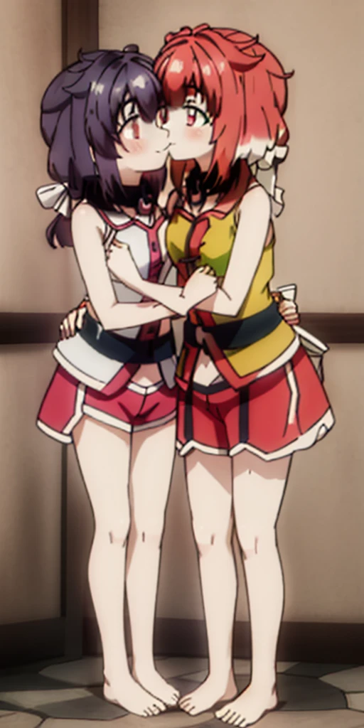 Body position: Standing, straight, symmetrical, barefoot, Lustful smile on face with red blush, 2 girls who gets married and stands in front of many people, kissing