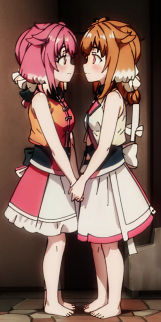 Body position: Standing, straight, symmetrical, barefoot, Lustful smile on face with red blush, 2 girls who gets married and stands in front of many people, kissing