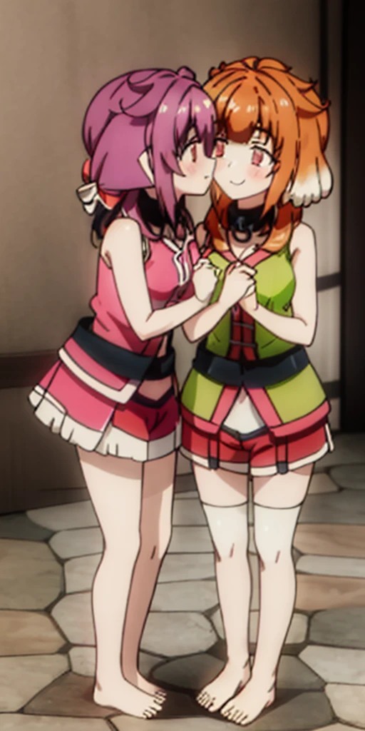 Body position: Standing, straight, symmetrical, barefoot, Lustful smile on face with red blush, 2 girls who gets married and stands in front of many people, kissing