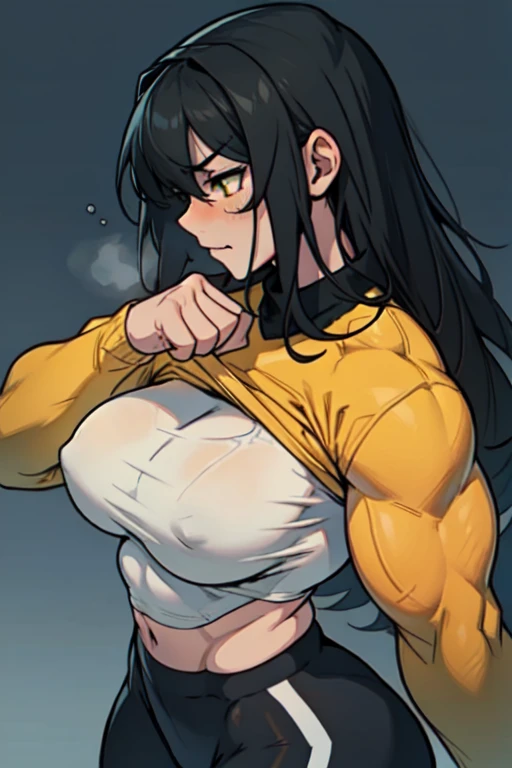 sad girl muscular muscular muscular breasts breasts breasts thick thick thick thick black hair yellow eyes pale skin pale skin thick thick thick long sleeve dark atmosphere thick thick thick thick thick thick muscular simple background sad sad sad sad tigth shirt