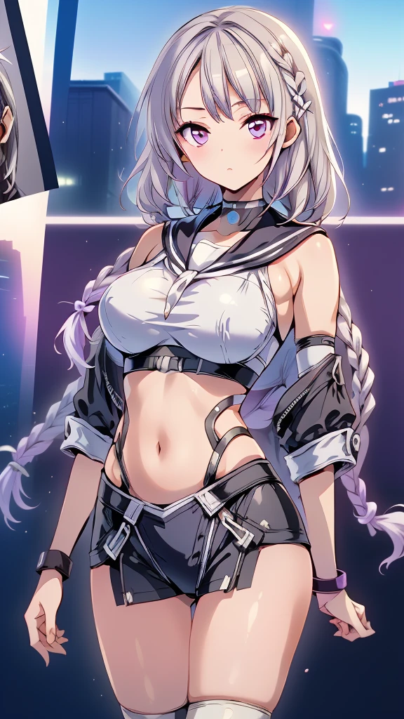 (masterpiece, highest quality), Manga Page, Doujinshi, Download contents, anime, Branch Panel, (From right to left, Top to bottom), detailed, comics, boy,heart、like、1boy, (others boys, Various random faces, Various random hairs), (1boy, boy, Short white hair, Cyberpunk , detailedが満載)、cryptic girl
,The girl has milky white hair on top, with purple gradation towards the ends.、Braided with two knots、cyberpunk sailor suit、 A 17-year-old high school student meets a boy and girl, The girl's characteristic is yinji,1girl,solo, purple eyes, long hair, twin braids, purple hair, multicolored hair, elbow gloves, bangs, very long hair,bare shoulders, black skirt, grey hair, dress, smile, side cutout,covered navel, side cutout,