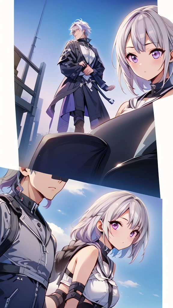 (masterpiece, highest quality), Manga Page, Doujinshi, Download contents, anime, Branch Panel, (From right to left, Top to bottom), detailed, comics, boy,heart、like、1boy, (others boys, Various random faces, Various random hairs), (1boy, boy, Short white hair, Cyberpunk , detailedが満載)、cryptic girl
,The girl has milky white hair on top, with purple gradation towards the ends.、Braided with two knots、cyberpunk sailor suit、 A 17-year-old high school student meets a boy and girl, The girl's characteristic is yinji,1girl,solo, purple eyes, long hair, twin braids, purple hair, multicolored hair, elbow gloves, bangs, very long hair,bare shoulders, black skirt, grey hair, dress, smile, side cutout,covered navel, side cutout,