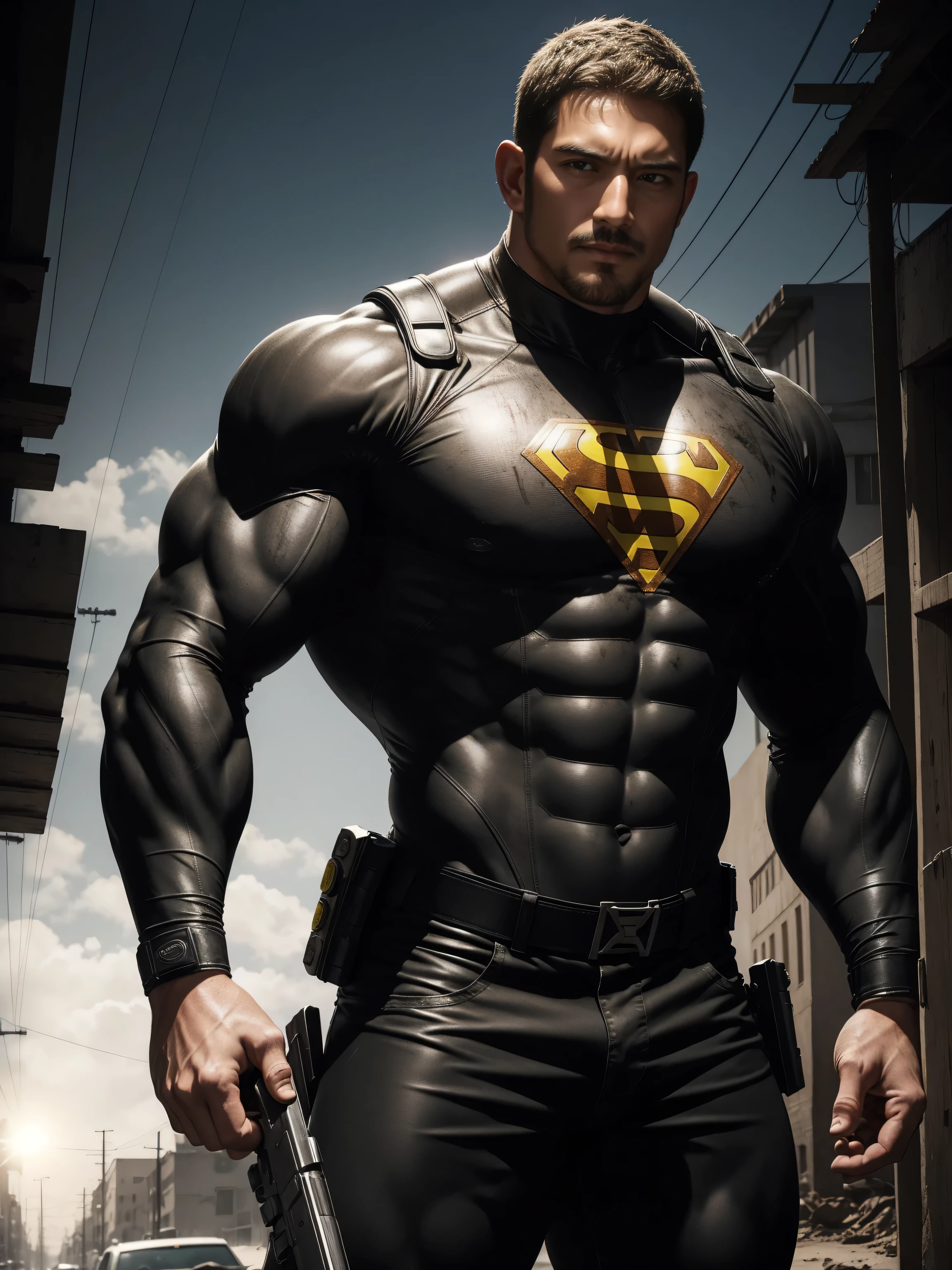 Angry super muscular man, Buzz Cut,On the old-style outdoor street under the hot sun, Wear a long-sleeved Dark Yellow superhero bodysuit, Mud wrapped body,Clothes are very dirty with mud stains,The expression is arrogant, Thick thighs, Messy hair, Thick thighs, High collar, long sleeves, Dark Yellow superhero bodysuit, very tight, Regular symmetrical pattern, Highlight muscles, Police uniform pants, character concept(Resident Evil - Chris Redfield, Chris Redfield)A proud expression, Deep and charming eyes, Heroic male pose, tall Burly, muscular!muscular thighs, tough guy, perfect facial features, High, Burly, Heqiang, Super polished and cool, High Resolution Committee, Charismatic, The sun is blazing, dazzling
