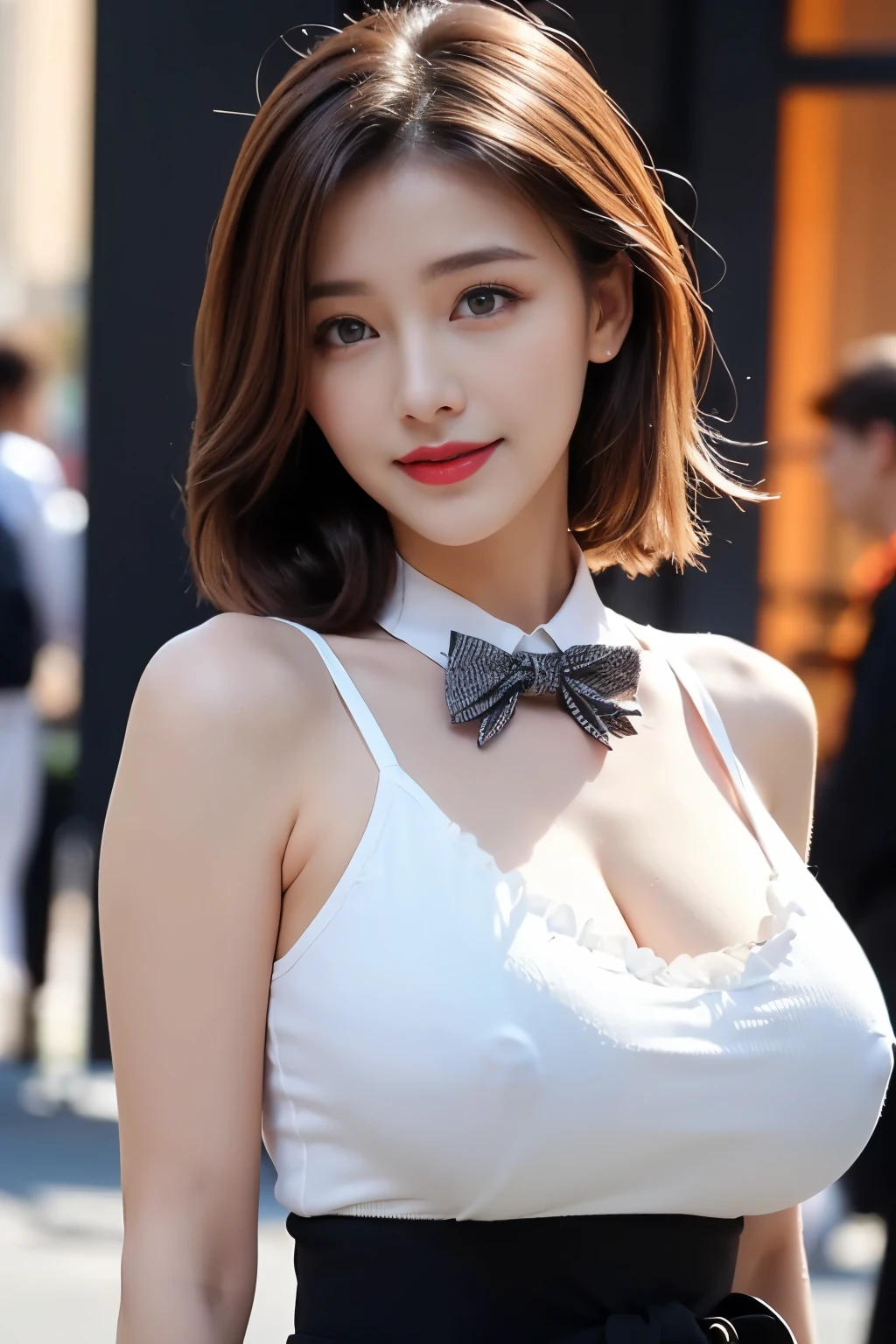 ((top quality、8k、​Masterpiece:1.3))、Extremely delicate and beautiful girl，realistic，Extremely ridiculous，Abstract，From waist to shoulder,capture,Extremely detailed body details,Wind Gate,,fluffy hair,light brown hair,viton hair,beautiful hair,beautiful face,smile,clear eyes,black eyes, ((bow tie, frilly dress, beautiful clear background)) , beautiful sky, blooming flowers, very precise details, silly, very CG,((A sexy mature girl) :1.5))、thick lips、dark red lipstick、eye makeup、((40 age:1.5))、sweater、Paris cafe scene、sunset sky,big breasts,Bigger breasts,great breast size,Enhanced nipples,Wide nudity,More nudity