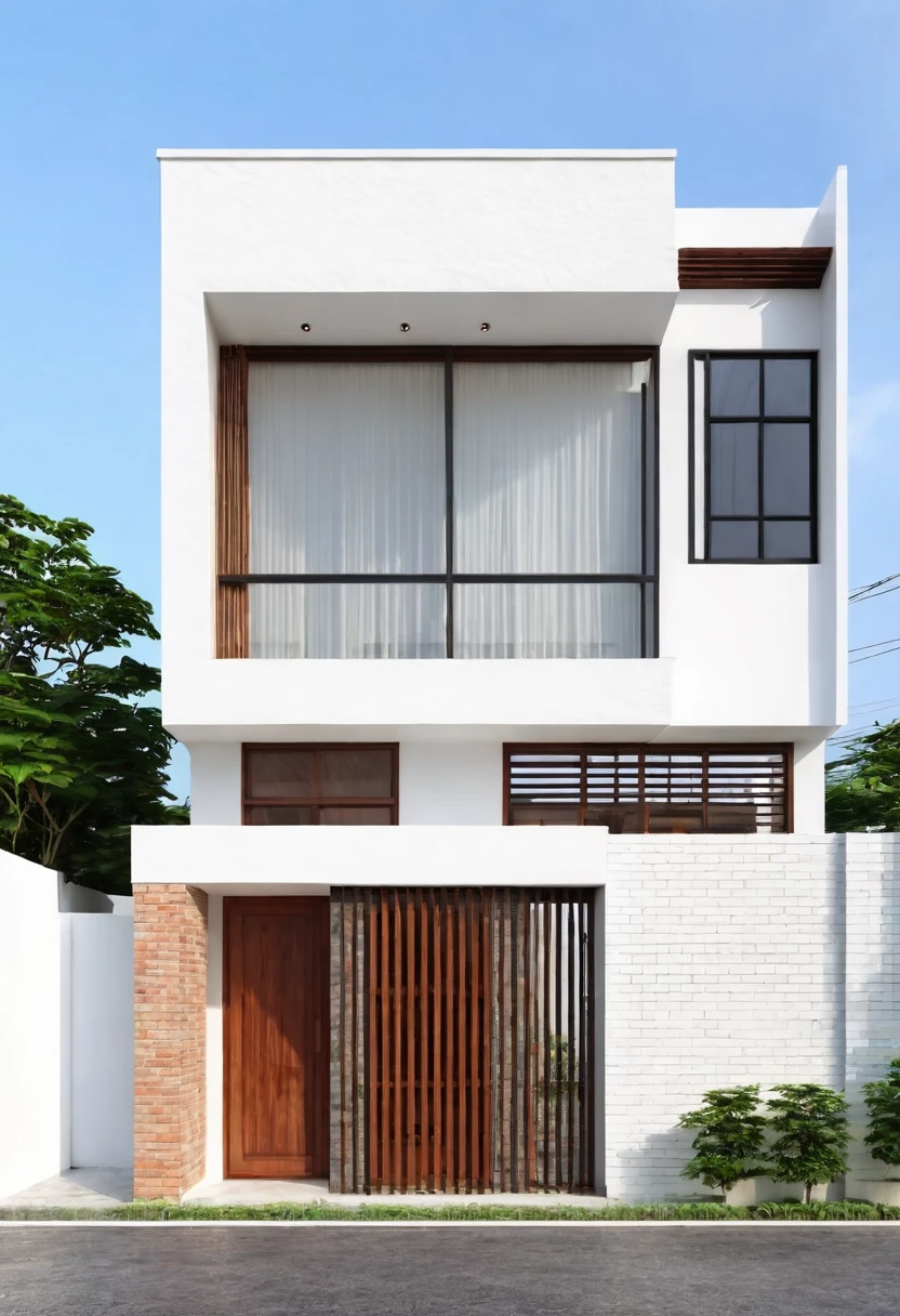 front elevation, front exterior design, single 1 storie minimalist house on the Vietnam village, brick white wall color, wooden_material, modern_villa, RAW texture, 8K UHD, DSLR, soft lighting, high quality, film rating, Fujifilm XT3,