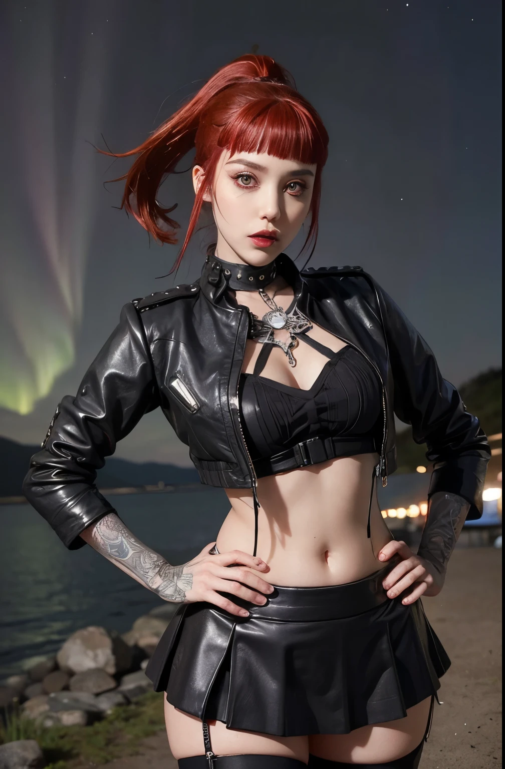 woman, microbangs, goth, pale skin, black lips, beautiful bright red hair, punk aesthetic, long ponytail, ponytail, outdoors, long sides, punk, goth makeup, pale skin, goth, spiked collar, tattoos, skinny, nighttime, night, natural light, hands on hips, jacket, hourglass figure, thighhighs, microskirt, micro skirt, night stars, starry night, aurora borealis