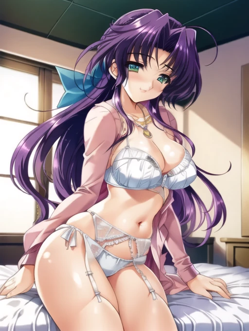 (Ultra extreme detailed),(Masterpiece),(Ultra extreme),(Realistic),CG,(color:1.2), Beautiful lighting,Light from the front, alone,Smiley, Blue_sakurako,Puppy hair,Long Hair,ribbon,Green Eyes,Shame face、In underwear、Cute Bra、Cute Panties、Bed