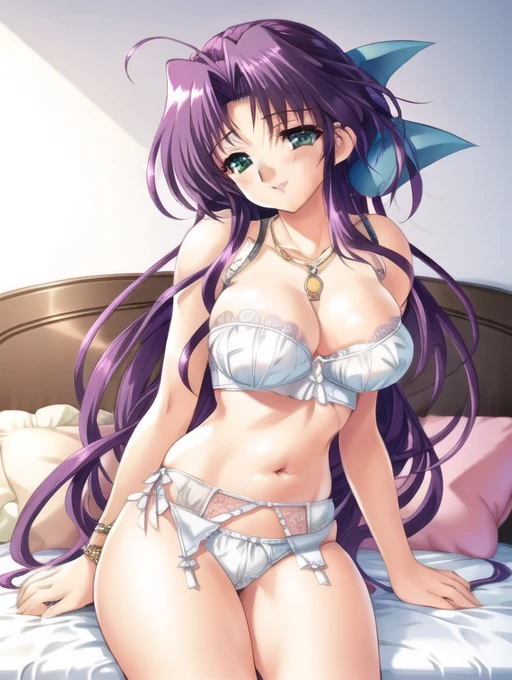 (Ultra extreme detailed),(Masterpiece),(Ultra extreme),(Realistic),CG,(color:1.2), Beautiful lighting,Light from the front, alone,Smiley, Blue_sakurako,Puppy hair,Long Hair,ribbon,Green Eyes,Shame face、In underwear、Cute Bra、Cute Panties、Bed