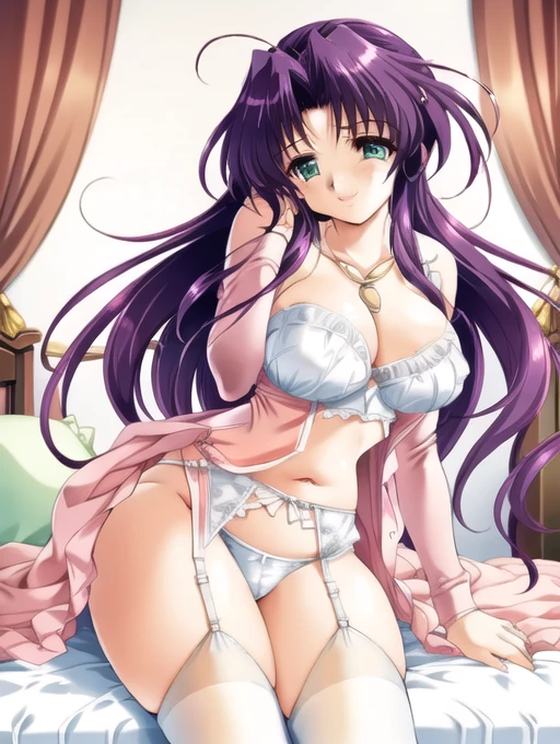 (Ultra extreme detailed),(Masterpiece),(Ultra extreme),(Realistic),CG,(color:1.2), Beautiful lighting,Light from the front, alone,Smiley, Blue_sakurako,Puppy hair,Long Hair,ribbon,Green Eyes,Shame face、In underwear、Cute Bra、Cute Panties、Bed