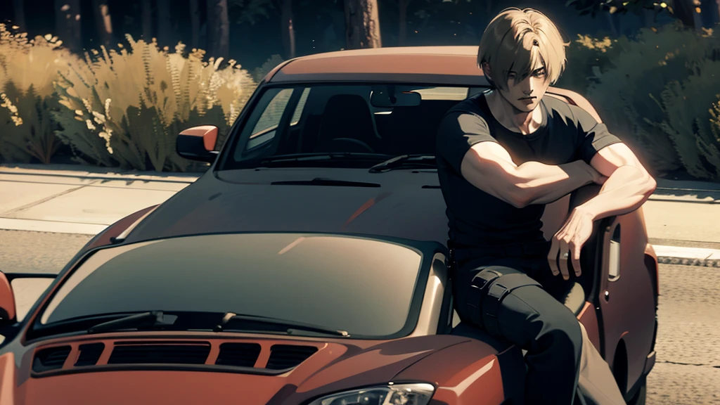 Leon Scott Kennedy sitting on a car