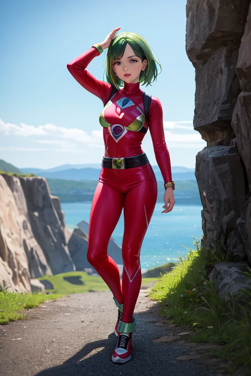 4k, realistic, carismatic, very detail, there is a girl on sky, wearing power ranger, she is power ranger, super hero theme, green hair, 25 years old, full body