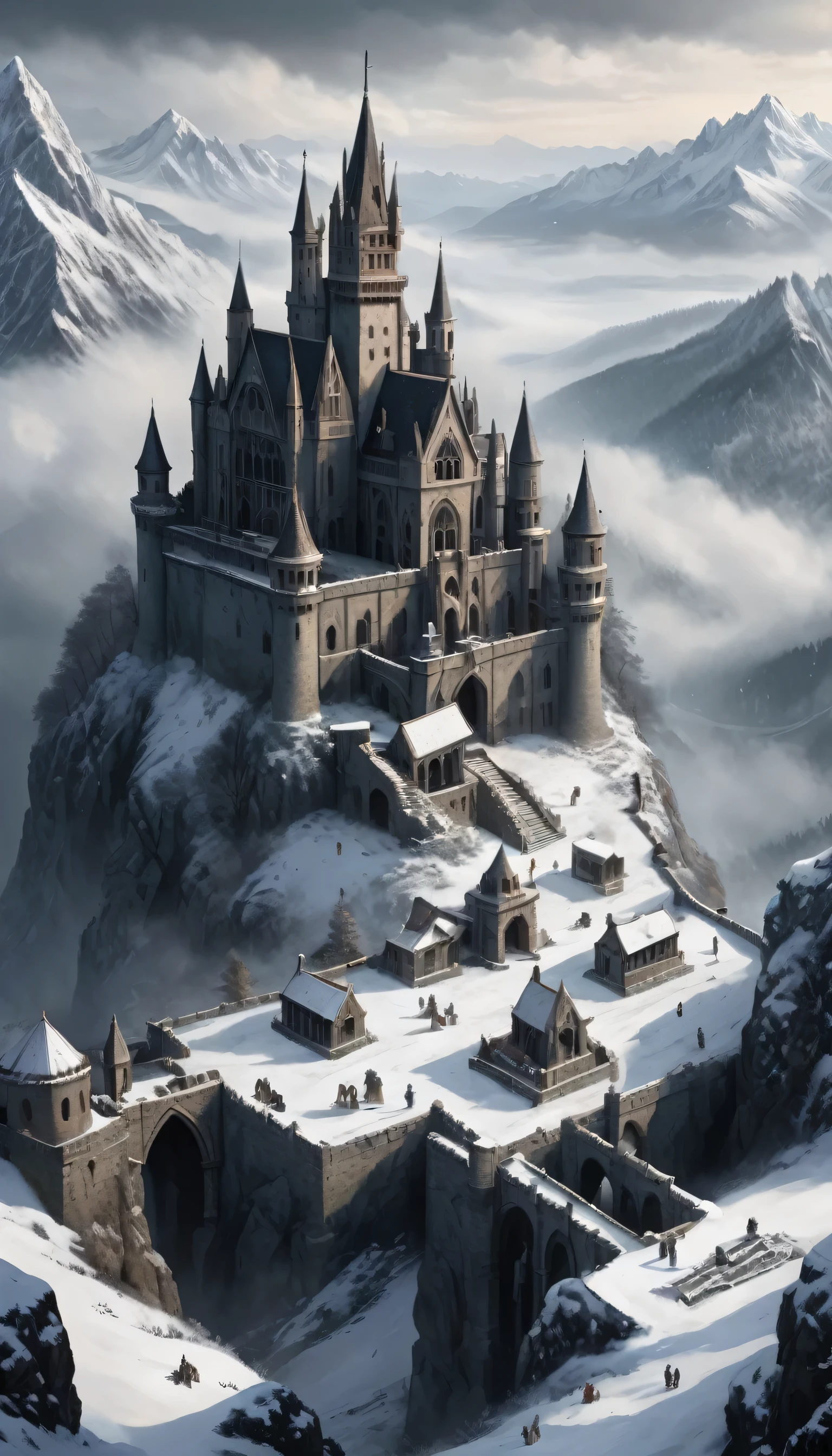 Gothic castle with a medival town within the castle walls, thick fog, scary, with mountains in the background, freezing mountain, winter, heavy snow, with the cemetary near, vampire, Dnd battlemap, view from above, fantasy map, in the style of Greg Rutkowski, dark color palette, masterpiece, 16k, intricate detail, illustration, realistic, hyper-realistic, art, ultra-detailed