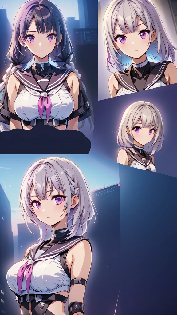 (masterpiece, highest quality), detailed, comics, Manga Page, Doujinshi, Download contents, anime, Branch Panel, (From right to left, Top to bottom), 17-year-old high school student、1girl、The girl has long, straight hair with a milky white color on top and a purple gradient towards the ends.、Braided with two knots、cyberpunk sailor suit、 17-year-old high school studentの男女の出会い, 1boy, (others boys, Various random faces, Various random hairs), (1boy, boy, Short white hair, Cyberpunk , detailedが満載)、The girl's characteristic is yinji,1girl,solo, purple eyes, long hair, twin braids, purple hair, multicolored hair, elbow gloves, bangs, very long hair,bare shoulders, black skirt, grey hair, dress, smile, side cutout,covered navel, side cutout,