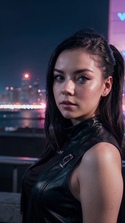 Una chica con el rostro de Amy lee, estilo synthwave, con un fondo de una Ciudad futurista y un letrero que diga Ignacio Jaic