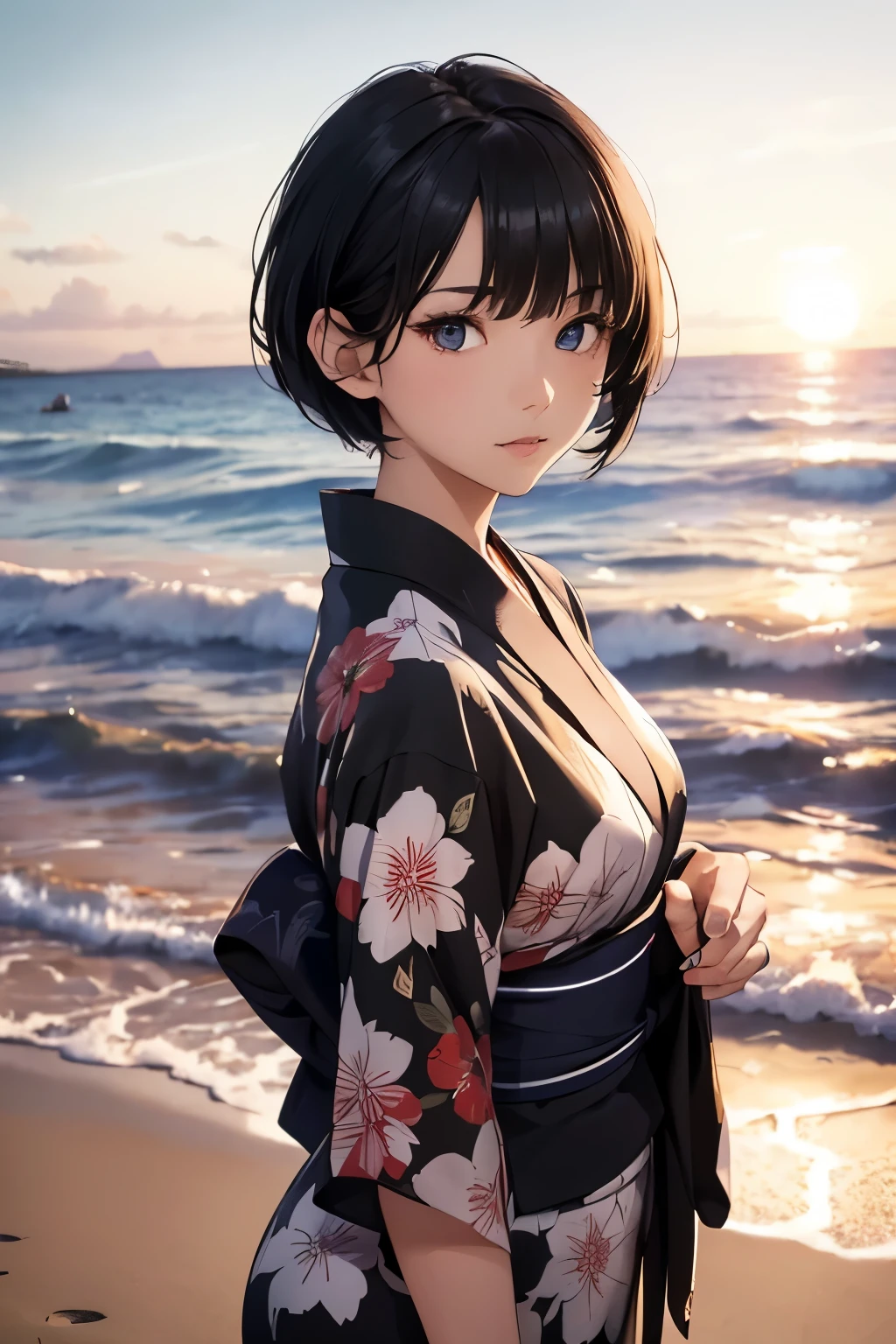 UHD, masterpiece, textured skin, super detail, high details, high quality, award winning, (perfect eyes), best quality, HD, upper body shot, (1Girl,, Beautiful, short black hair, athletic, wearing one yukata, (looking at POV)), (In a beach at sunset)