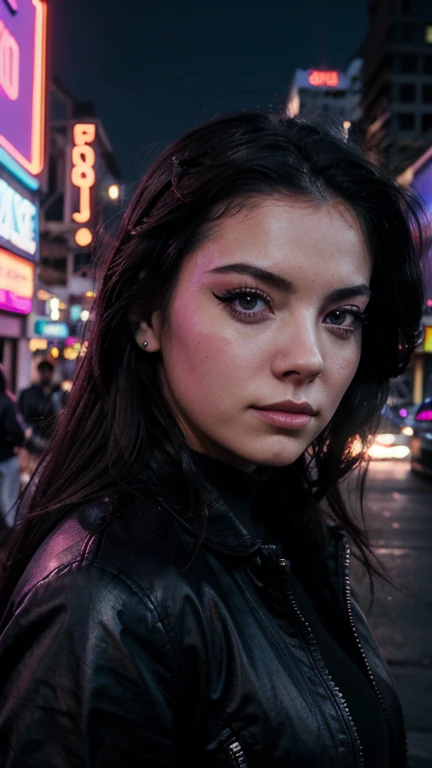 Una chica con el rostro de Amy lee, estilo synthwave, con un fondo de una Ciudad futurista y un letrero que diga Ignacio Jaic